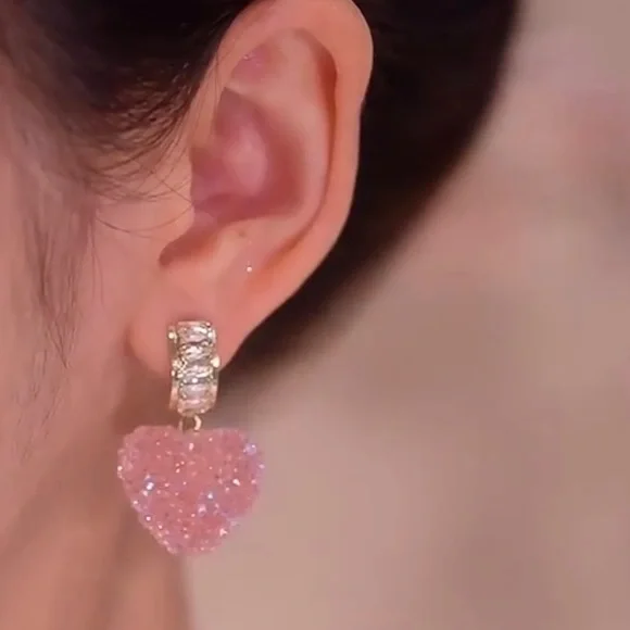 Valentine Pink Crystal Heart Women Earrings - Picture 3 of 7
